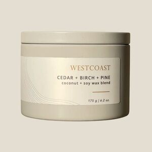 SeaLuxe WestCoast Cedar+Birch+Pine Coconut and Soy Wax Blend Candle in tin.
